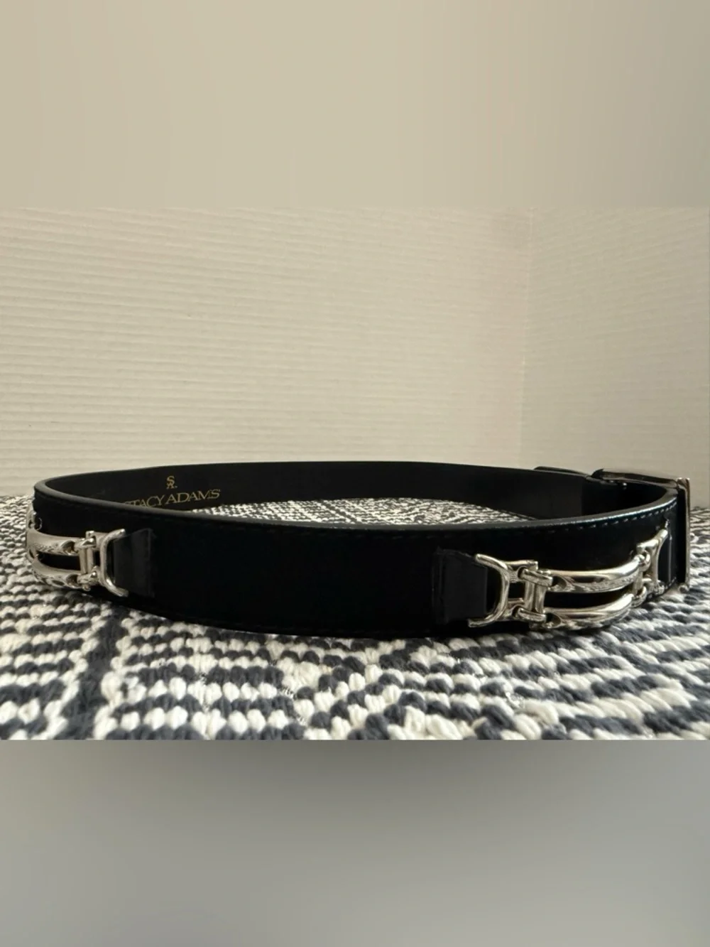 STACY ADAMS Black Grain Leather Belt with Silver Buckle Chain Accent